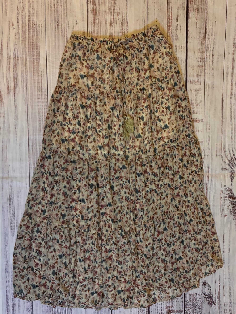 SHEIN Boho Cream Floral Tiered Maxi Skirt with Blue & Brown Accents